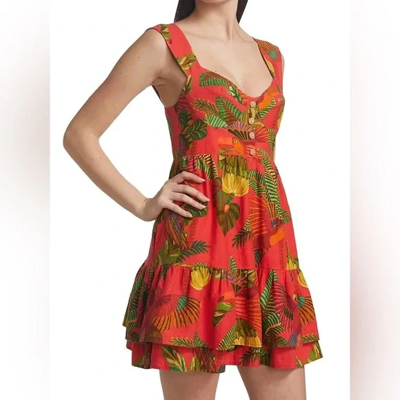 Farm Rio Dress Tropical Toucan Parrot Jungle Linen Sleeveless Red Green B125 - Picture 3 of 6